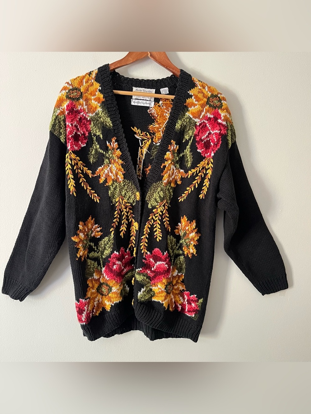 Marisa Christina Vintage Black Hand Knit Cottagecore Grandma Cozy Fall Sweater L